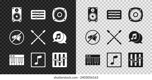 Set Stereo speaker, Sound mixer controller, Music synthesizer, note, tone, Speaker mute and Drum sticks icon. Vector