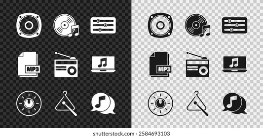 Set Stereo speaker, Sound mixer controller, Dial knob level technology settings, Triangle musical instrument, Musical note speech bubble, MP3 file document and Radio with antenna icon. Vector