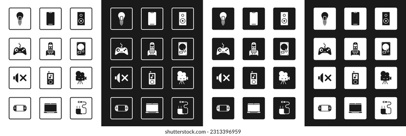 Set Stereo speaker, Telephone, Gamepad, Light bulb with concept of idea, Hard disk drive HDD, Smartphone, mobile, Retro cinema camera and Speaker mute icon. Vector