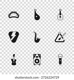 Set Stereo speaker, Triangle musical instrument, Microphone, Saxophone, Mandolin, Tambourine, Bandura and Guitar pick icon. Vector