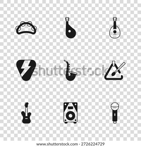 Set Stereo speaker, Triangle musical instrument, Microphone, Saxophone, Mandolin, Tambourine, Bandura and Guitar pick icon. Vector