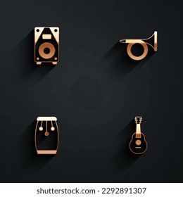 Set Stereo speaker, Trumpet, Conga drums and Guitar icon with long shadow. Vector
