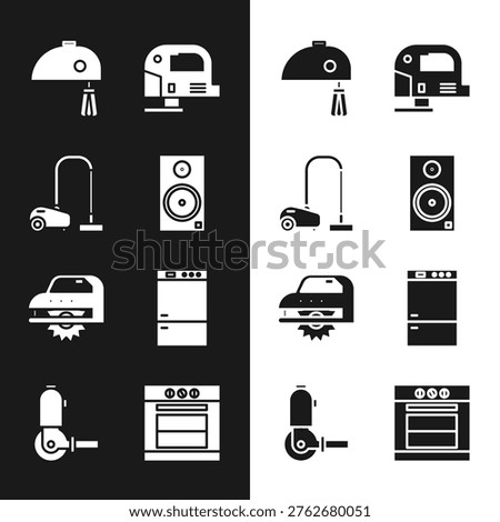 Set Stereo speaker, Vacuum cleaner, Electric mixer, jigsaw, circular and Refrigerator icon. Vector