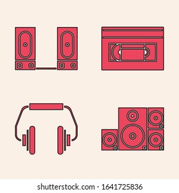 Set Stereo speaker, Stereo speaker, VHS video cassette tape and Headphones icon. Vector