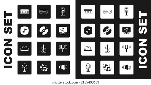 Set Stereo speaker, Vinyl disk, Music note, tone, synthesizer, Sound mixer controller, Musical tuning fork and Tambourine icon. Vector