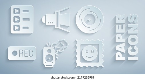 Establece altavoz estéreo, disco de vinilo, botón Grabar, marca de ácido LSD, reflector de película e icono de lista de reproducción de música. Vector