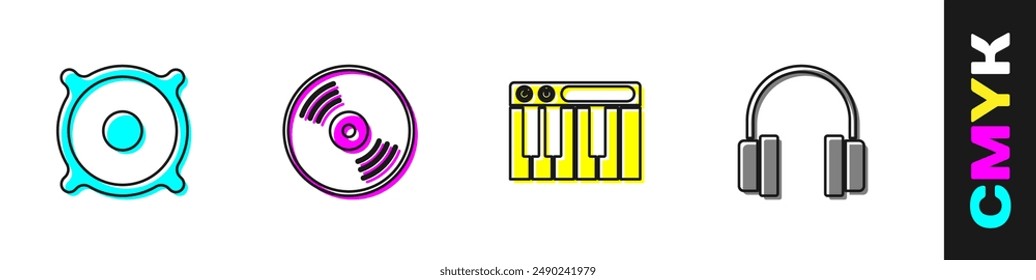 Set Stereo speaker, Vinyl disk, Music synthesizer and Headphones icon. Vector