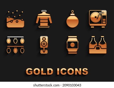 Set Stereo speaker, Vinyl player with vinyl disk, Champagne bottle, Beer can, Christmas lights, ball, Snowfall and sweater icon. Vector