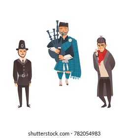 Set of stereotypical Great Britain character - gentleman, policeman and Scottish bagpiper, flat style vector illustration isolated on white background. English policemen and gentleman, Scottish piper