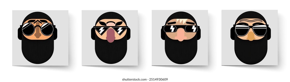 Un conjunto de caras severas. Usar gafas elegantes. Fuerzas especiales con máscaras. Escuadrón. Terroristas. Fuerzas especiales. Tropas de élite. Avatares. Caricaturas. Primeros planos.