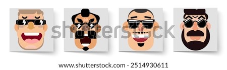 A set of stern faces. Wearing stylish glasses. Different expression on their faces. A mob boss. Bandit. Avatar. Close-up.