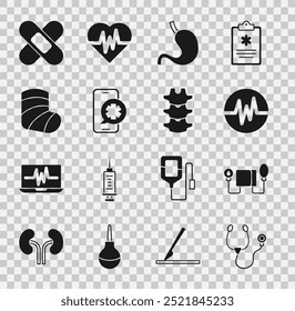 Set Stethoscope, Blood pressure, Heart rate, Human stomach, Emergency phone call, Gypsum, Crossed bandage plaster and spine icon. Vector