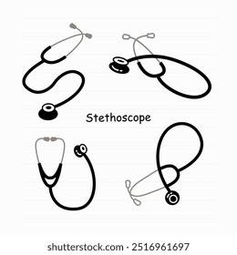 Un conjunto de ilustraciones de estetoscopio, que combina estilos rellenos y de contorno, perfecto para diseños de temática médica, educación médica y materiales profesionales.