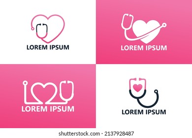 Juego de vectores de diseño de plantillas de logotipo de amor para estetoscopio