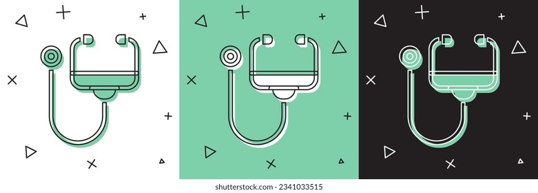 Set Stethoscope medical instrument icon isolated on white and green, black background.  Vector