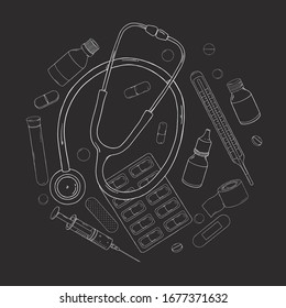 Se coloca con un estetoscopio, medicamentos y comprimidos dispuestos en círculo. Ilustración vectorial monocroma en estilo de esbozo. Borde blanco sobre fondo negro.