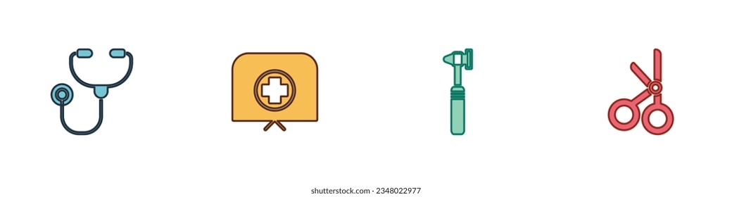 Ponga Stethoscope, sombrero de enfermera con cruz, herramienta otoscopio médico e icono de tijeras. Vector