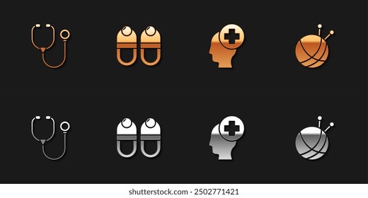 Set Stethoscope, Slippers, Male head with hospital and Yarn ball knitting needles icon. Vector