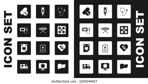 Set Stethoscope, Stretcher, Ultrasound, Medicine pill or tablet, Pills blister pack, Digital thermometer, Healed broken heart and Doctor appointment icon. Vector