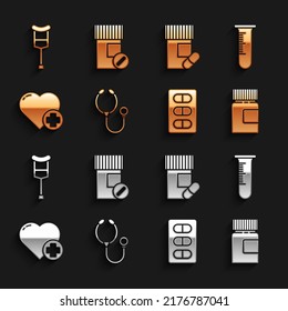 Ponga Stethoscope, Tubo de prueba y matraz, Frasco de Medicina, Envase de blister de Pills, Corazón con cruz, pastillas, muletas o muletas e ícono. Vector