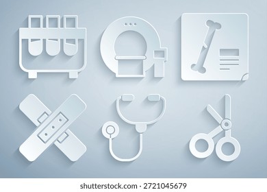 Conjunto Estetoscopio, tomas de rayos X, vendaje cruzado, tijeras médicas, tomografía y frasco de tubo de ensayo icono. Vector