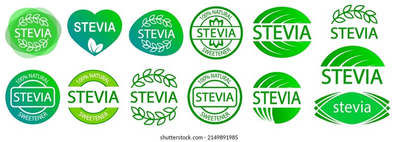 Set of Stevia labels. Green icon or logo. Natural low calorie sweetener