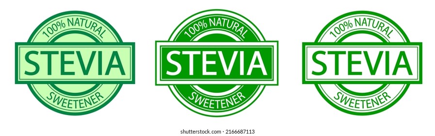 Set of Stevia labels. Natural low calorie sweetener. Green icon