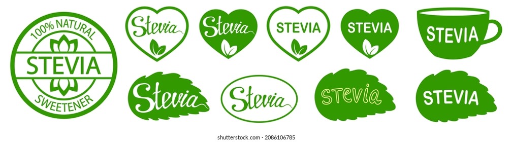 Set of Stevia leaf lettering labels. Green icon or logo. Natural low calorie sweetener. Plant based vegan food product label. Diet. Sticker. Vegeterian. Organic. Green heart-shaped stamp.