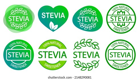 Set of Stevia leaf lettering labels. Green icon or logo. Natural low calorie sweetener. Plant based vegan food product label. Diet. Sticker. Vegetarian. Organic. Green heart-shaped stamp.