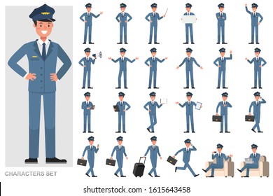 Set of Steward Man character vector design. Presentation in various action with emotions, running, standing and walking. 