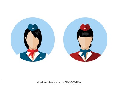Set of stewardess avatars. Stewardess in uniforms of different colors. Flat style design