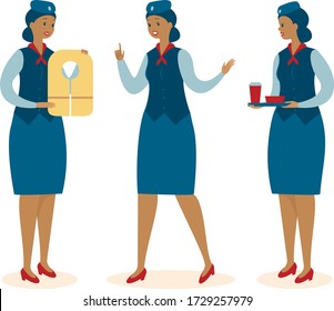 Set of stewardess character design. Cabin crew flight attendant flat vector illustration.