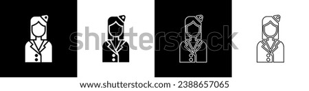 Set Stewardess icon isolated on black and white background.  Vector Illustration