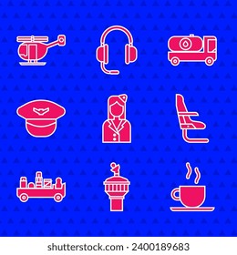 Set Stewardess, Radar, Coffee cup, Airplane seat, Airport luggage towing truck, Pilot hat, Fuel tanker and Helicopter icon. Vector