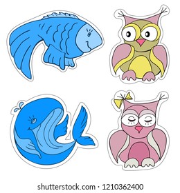 Set sticers of animals multicolored .Owls, whale, fish vector.