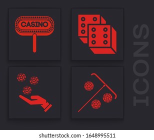 Set Stick for chips, Casino signboard, Game dice and Hand holding casino chips icon. Vector