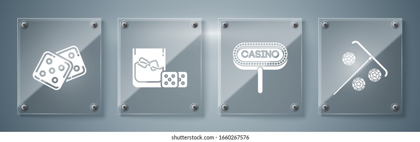 Set Stick for chips, Casino signboard, Game dice and glass of whiskey with ice cubes and Game dice. Square glass panels. Vector