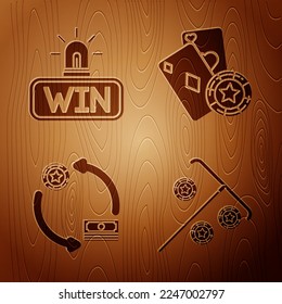 Set Stick for chips, Casino win, Casino chips exchange on stacks of dollars and Casino chip and playing cards on wooden background. Vector