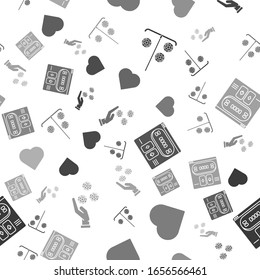 Set Stick for chips, Playing card with heart symbol, Online poker table game and Hand holding casino chips on seamless pattern. Vector