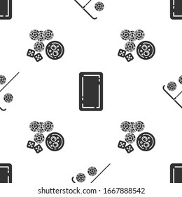 Set Stick for chips, Playing card back and Casino chips, game dice and glass of whiskey with ice cubes on seamless pattern. Vector