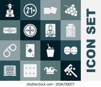 Set Stick for chips, Poker player, Deck of playing cards, Game dice, Casino roulette wheel, Stacks paper money cash,  and dealer icon. Vector