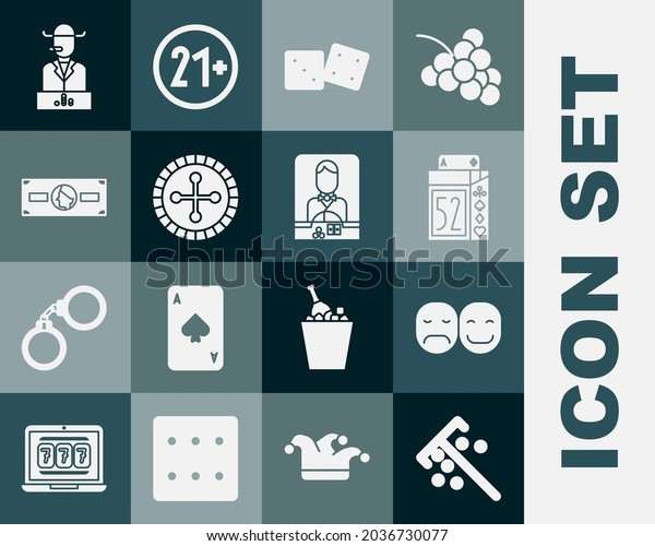 Set Stick for chips, Poker player, Deck of playing\
cards, Game dice, Casino roulette wheel, Stacks paper money cash, \
and dealer icon. Vector