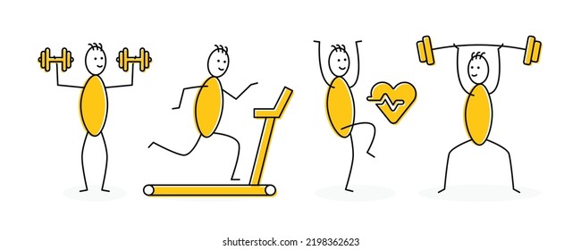 Set of stick figure do fitness vector. Containing dumbbell, cardio, barbell, treadmill symbol. Workout concept.