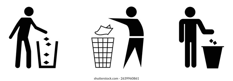 Set of stick figure icons showing people throwing trash in bins. Perfect for public signage, waste management, and environmental awareness. Recycle, icons, vector, symbols.