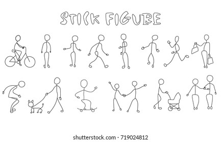 Set stick figure people. Simple men and women black pictogram