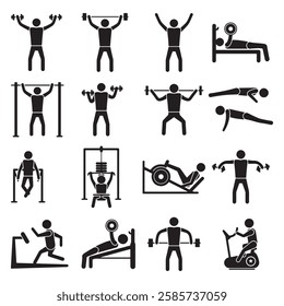 Set of Stick Figure Workout Icons – Fitness, Gym, and Exercise Silhouettes