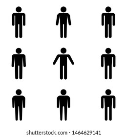 Set of stick figures, black mans silhouettes on a white background. Icons people, vector illustration.