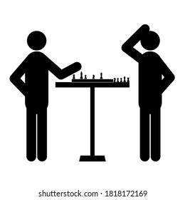 Set of stick figures, black mans silhouettes on a white background. Play chess, vector illustration.