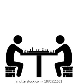 Set of stick figures, black mans silhouettes on a white background. Play chess, vector illustration.