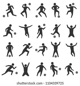 Set of stick figures. Black silhouettes of football players on a white background in various poses and positions with ball. Flat icons people, vector illustration.